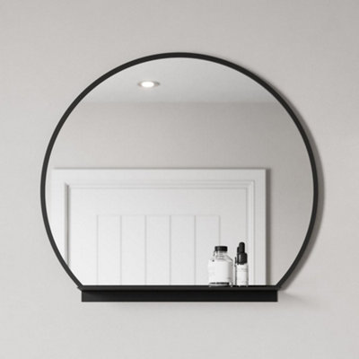 Affine Black 600Mm Round Bathroom Mirror With Shelf Framed Wall Hung Modern 4Mm Glass Size 3 B&Q