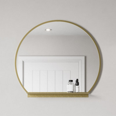 Affine 600mm Round Brushed Brass Bathroom Mirror With Shelf Framed Wall Hung Modern