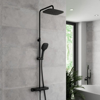 B&Q -  Thermostatic Mixer Shower Dual Head Handset Riser Rail Shelf Square Matt Black