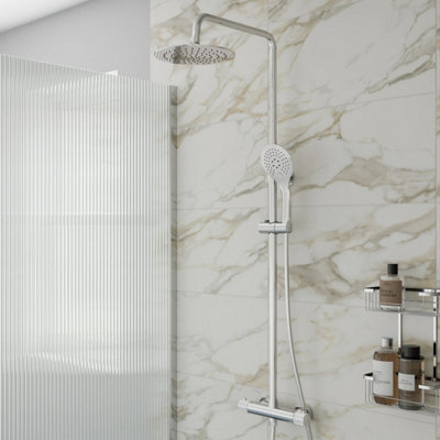 Affine Fluted Thermostatic Mixer Shower Round Dual Head Riser Rail Handset Valve Chrome Extra Large