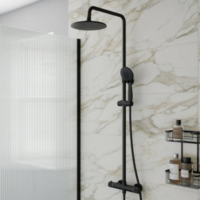 B&Q -  Fluted Thermostatic Mixer Shower Round Dual Head Riser Rail Handset Valve Black