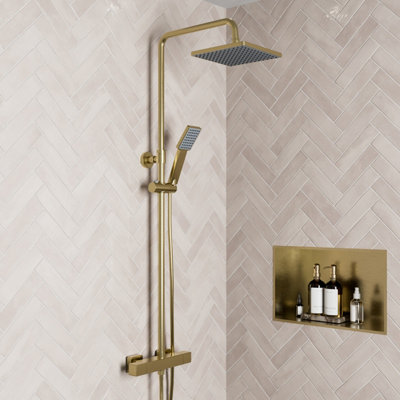 Affine Thermostatic Mixer Shower Dual Square Head Riser Rail Handset Cool Touch Brass Extra Large