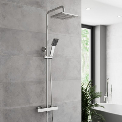 Affine Thermostatic Mixer Shower Dual Square Head Riser Rail Handset Cool Touch Chrome Extra Large