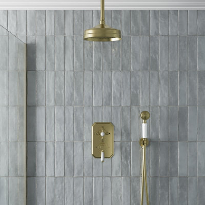 B&Q -  Thermostatic Mixer Shower Round Dual Head Handset Ceiling Traditional Brass