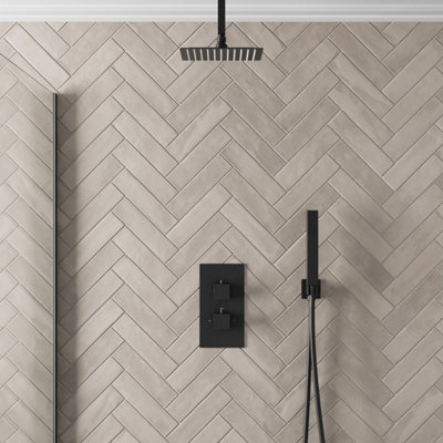 Affine Thermostatic Mixer Shower Square Rainfall Head Handset Ceiling Mounted Black from B&Q