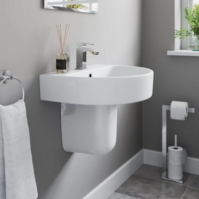 B&Q -  Modern Bathroom Basin Sink Semi Pedestal Wall Mounted Single Tap Hole 565mm