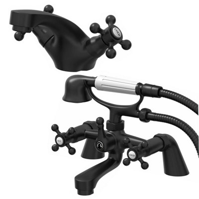 B&Q -  Oxford Bathroom Bath Shower Mixer Basin Tap Set Crosshead Traditional Black