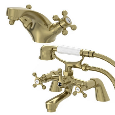 Affine Oxford Bathroom Bath Shower Mixer Basin Tap Set Crosshead Traditional Brass from B&Q