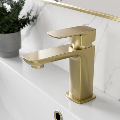 B&Q -  Bathroom Cloakroom Basin Mixer Tap Square Single Lever Handle Brushed Brass