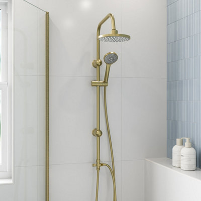 B&Q -  Round Shower Riser Kit Brass Dual Shower Heads Adjustable Overhead Bathroom