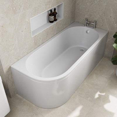 Aveli J Shaped Shower Bath Right Hand Bathtub 1700mm With Front Panel Acrylic Modern from B&Q