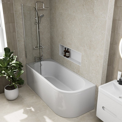 Aveli J Shaped Shower Bath Left Hand Bathtub 1700mm With Front Panel & Screen Acrylic from B&Q