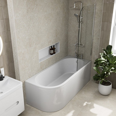 Aveli J Shaped Shower Bath Right Hand Bathtub 1700mm With Front Panel & Screen Acrylic from B&Q