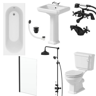 Affine Bathroom Suite 1700mm Single Ended Bath Toilet Basin Pedestal Black Shower Taps from B&Q