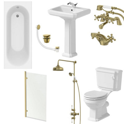 Affine Bathroom Suite 1700mm Single Ended Bath Toilet Basin Pedestal Brass Shower Taps from B&Q