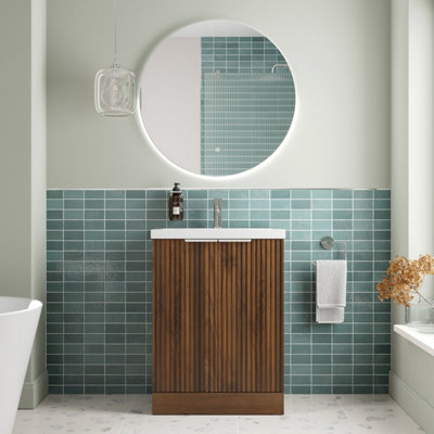 B&Q -  Bathroom Vanity Unit Basin Sink Free Standing 600mm Door Cabinet Storage Walnut
