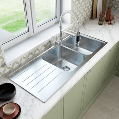 B&Q -  Stainless Steel Double Bowl Inset Kitchen Sink Left Hand Modern Drainer Wastes