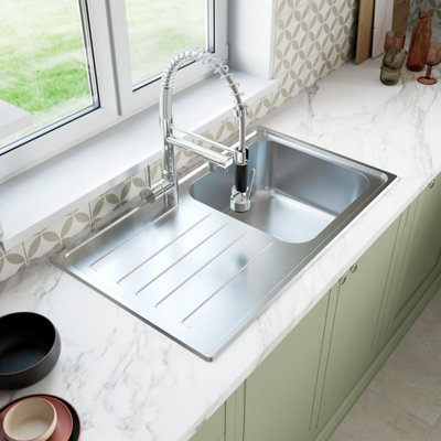 B&Q -  Stainless Steel Single Bowl Kitchen Sink Square Left Hand Modern Drainer Wastes