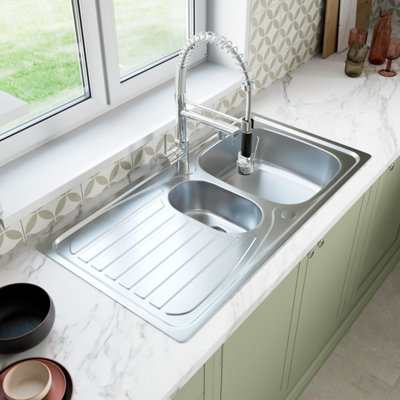 B&Q -  Stainless Steel 1.5 Bowl Inset Kitchen Sink Modern Left Hand Drainer Wastes