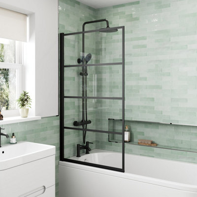 Affine 800mm Bath Shower Screen Hinged Large Grid Framed Square 6mm Glass Matt Black from B&Q