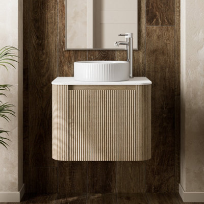 Affine White Fluted Oak Wall Hung Vanity Unit & Countertop Basin Bathroom 600Mm