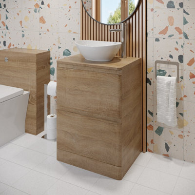 B&Q -  600mm Bathroom Countertop Vanity Unit Oval Basin Soft Close Freestanding Oak