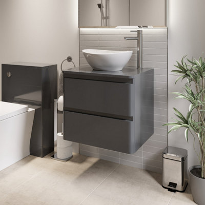 B&Q -  600mm Bathroom Countertop Vanity Unit Oval Basin Soft Close Wall Hung Grey Gloss