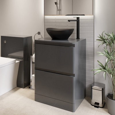 B&Q -  600mm Bathroom Countertop Vanity Unit Oval Basin Sink Freestanding Grey Gloss