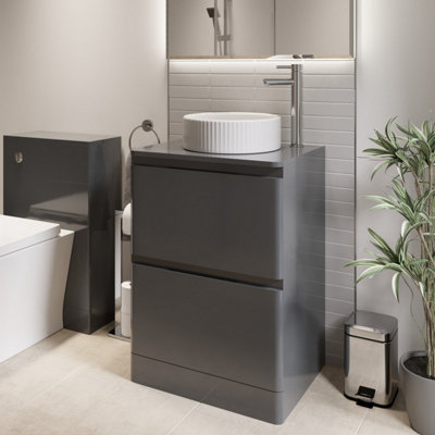 Affine 600mm Bathroom Countertop Vanity Unit Round Fluted Basin Freestanding Gloss Grey from B&Q