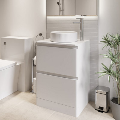 Affine 600mm Bathroom Countertop Vanity Unit Round Fluted Basin Freestanding Gloss White from B&Q