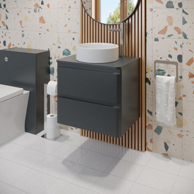 Affine Anthracite 600Mm Bathroom Countertop Vanity Unit Fluted Round Basin Wall Hung Size 15