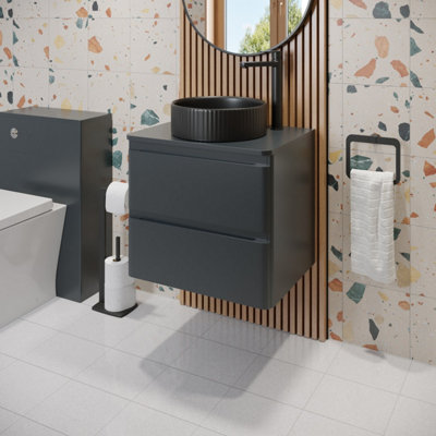 Affine Anthracite 600Mm Bathroom Countertop Vanity Unit Round Fluted Basin Wall Hung Size 15