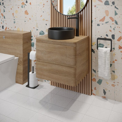 B&Q -  600mm Bathroom Countertop Vanity Unit Round Fluted Basin Sink Wall Hung Oak