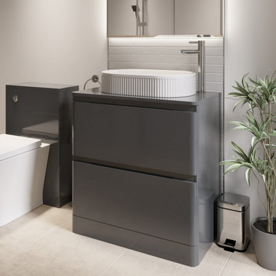 Affine Grey 800Mm Bathroom Countertop Vanity Unit Fluted Oval Basin Freestanding Gloss Size 15