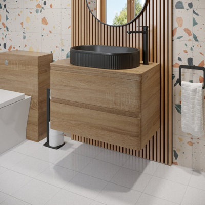 B&Q -  800mm Bathroom Countertop Vanity Unit Oval Fluted Basin Wall Hung Soft Close Oak