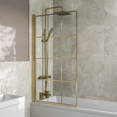 Affine 800mm Brushed Brass Grid Bath Shower Screen 6mm Glass Bathroom Hinged Framed from B&Q