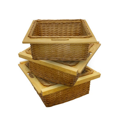 Monstershop 3 X Pull Out Wicker Basket Drawer 600Mm Kitchen Storage Solution 100% Handmade Rattan Free Fixing Kit Light