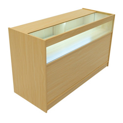 MonsterShop Maple Shop Counter Led Light B 1500mm Lockable Sliding Doors 2 Keys Retail Storage Unit Display Showcase Cabinet Reception Desk from B&Q