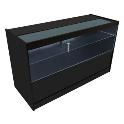MonsterShop Black Shop Counter Led Light C 1500mm  Lockable Sliding Doors 2 Keys Retail Storage Unit Display Showcase Cabinet Reception Desk from B&Q