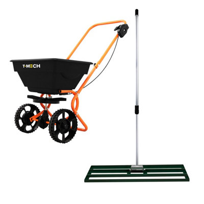 T-Mech Green Rotary Spreader Gritter Fertiliser & Lawn Leveller Levelling Rake 100Cm