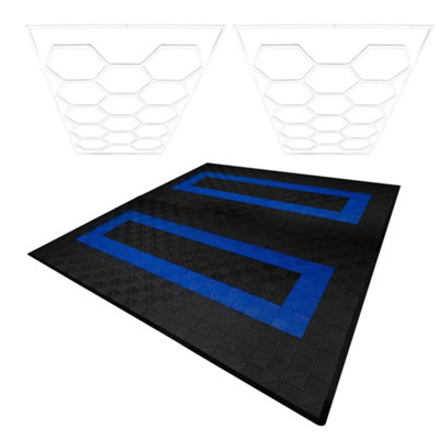 Monstershop Hexagon Led Lights X 2 & Vented Garage Floor Tiles With Edges - 165 & 60 Black/Blue