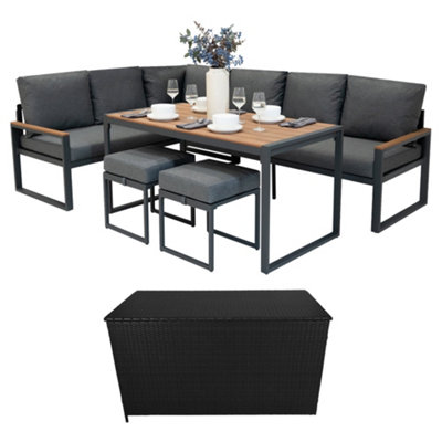MonsterShop Aluminium Corner Sofa Set With Black Rattan Storage BoxWood Effect from B&Q