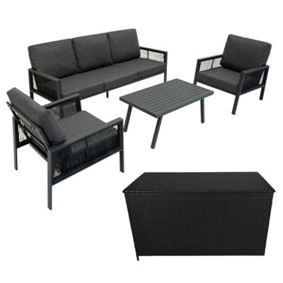 B&Q -  Garden Furniture Set 4Pc Anthracite Grey Aluminium With Rattan Storage Box Black Outdoor 3 Seat Sofa 2 Armchairs Coffee Table
