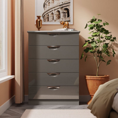 Rovigo Ready Assembled Gloss Dusk Grey 5 Drawer Chest (H)1074mm (W)765mm (D)415mm from B&Q