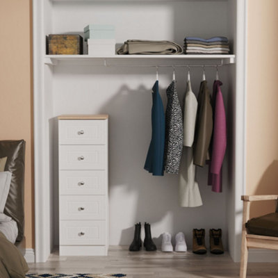 Pavia Ready Assembled Porcelain Ash Bardolino Oak Effect 5 Drawer Bedside Chest (H)1074mm (W)374mm (D)402mm from B&Q