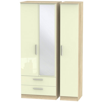  - Trent Tall Triple 2 Drawer Mirrored Wardrobe In Cream & Bardolino Oak (Ready Assembled)
