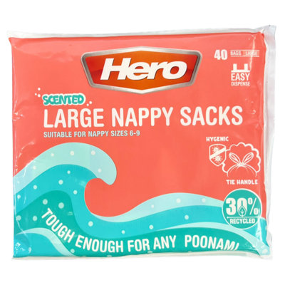 Hero Large Scented Nappy Sacks Pack Of 40 Adult Incontinence & Dog Waste Bags With Tie Handles Fresh Scent & Recycled Plastic