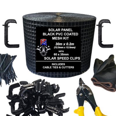 Pg Bird Proofing Mesh Kit & 60 35mm Speed Clips & Prevention Of Pigeons Nesting Under Roof Solar Panels (Black Pvc 20M)
