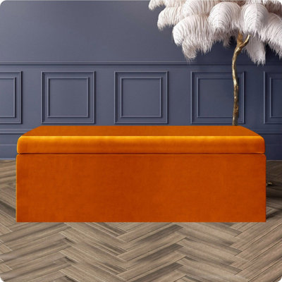 B&Q Orange Safar Plain Ottoman Storage Box - Burnt Plush Velvet Upholstered Blanket Box 5Ft