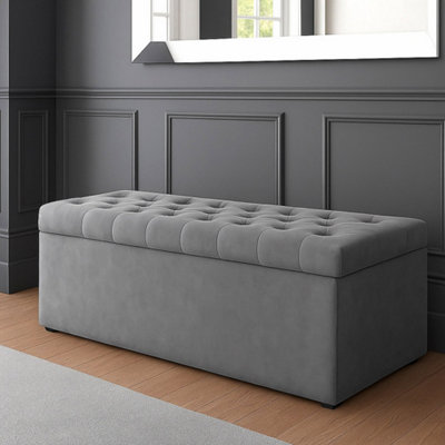  - 90Cm Sd Ottoman Storage BoxGrey Velvet Upholstered Chesterfield Storage Ottoman Box